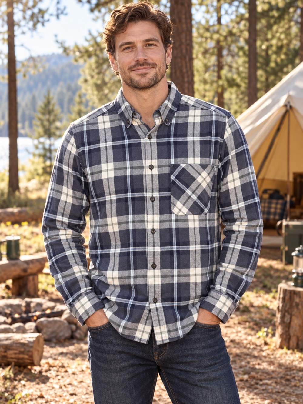 Woolrich Small Men’s Blue Plaid Flannel Long Sleeve 100% Cotton Shirt #1248CL
